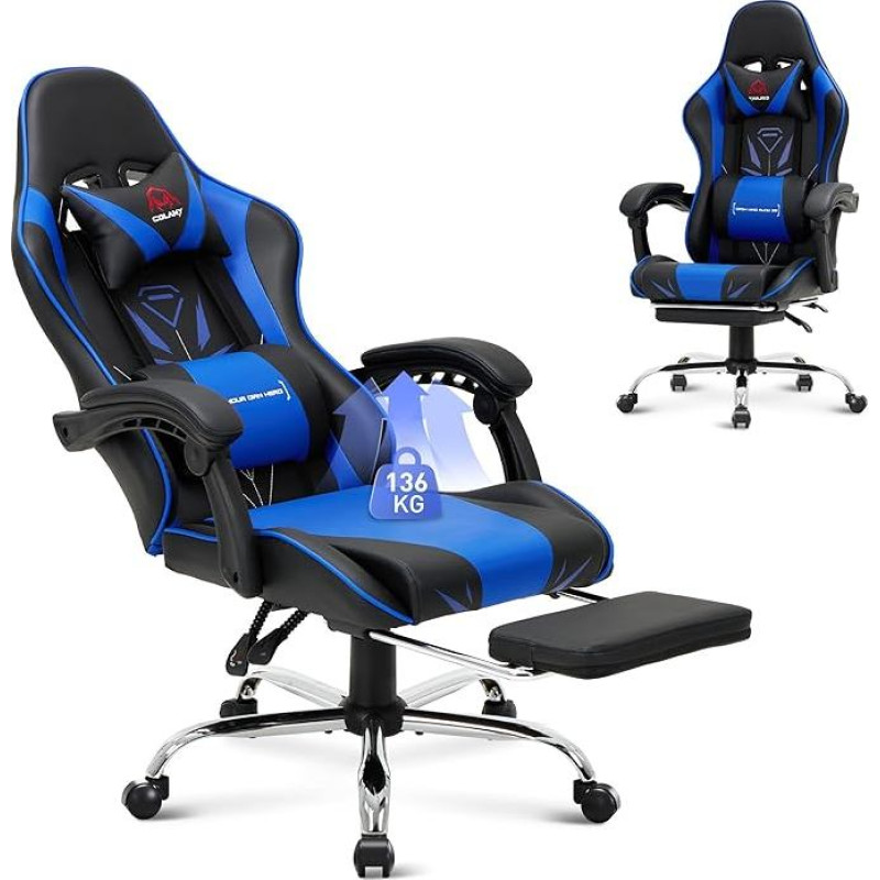 COLAMY žaidimų kėdė, kompiuterio kėdė su kojų atrama ir juosmens atrama, reguliuojamo aukščio žaidimų kėdė su 360° pasukama sėdyne ir galvos atrama, vaizdo žaidėjų kompiuterio kėdė, ergonomiška aukšta nugarėlė, mėlyna