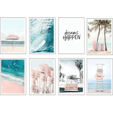 DKORARTE 8 medinių paveikslų rinkinys Modernus svetainės kambarys Miegamojo kambarys Peizažas Paplūdimys Gamta su metaliniais pakabukais (29 x 20 cm vienam paveikslui)