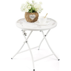 TeoKJ Foldable Outdoor Side Table, Anti-Rust Small Patio Table, Round Metal Side Table with Flower Cutouts for Yard, Balcony, Deck, Lawn, White