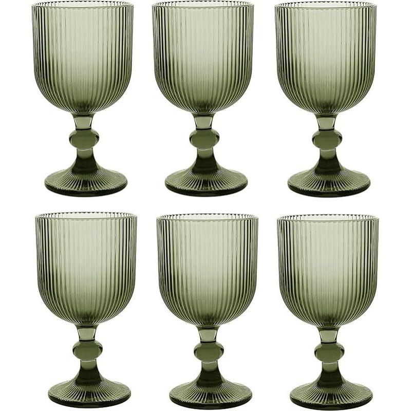 6 briaunuotų stiklinių ir vyno taurių rinkinys, linija, briaunuota linija, briaunuota, stiklas, ilgos gėrimų taurės, kokteilių taurės su įspaudais, geriamoji taurė, vyno taurė, vandens taurė (žalia vyno taurė)