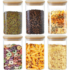 MESNEY Glass Storage Jars with Bamboo Lids 1600ml Airtight Stackable Kitchen Pantry Storage Jars Eco Friendly Transparent for Dry Food, Coffee, Pasta, Snacks and More, 6