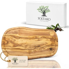 Olive Wood Chopping Board, Wooden Board, Serving Board, Breakfast Board, Steak Board, Cheese Board, Olive Wood Board with Handle and Juice Groove, Natural Cut or Rustic Rounded 35-38 cm Long, 17-23 cm Wide, Approx. 2 cm thick.