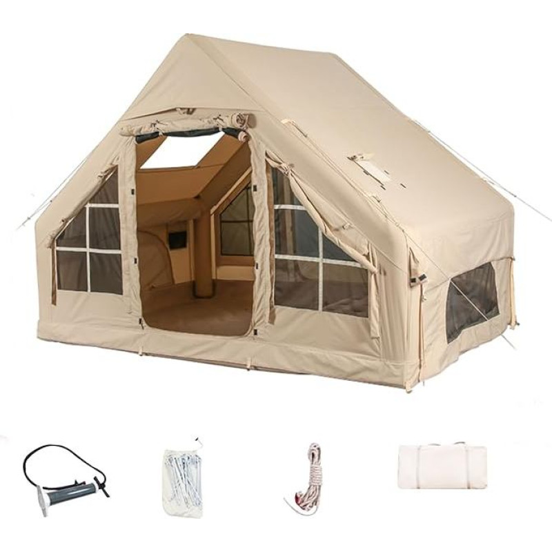 Pripučiamos stovyklavimo palapinės su pompa, oro glampingo palapinės, lengvai įrengiamos, vandeniui ir vėjui atsparios pripučiamos palapinės, 4 sezonų Oksfordo namelio palapinė su tinkleliu ir židinio langu.