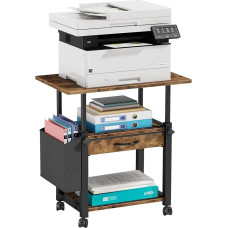 3-Level Height Adjustable Printer Table with Wheels, 56 x 38 cm, Mobile Printer Stand with Fabric Drawer and Side Pocket, Home Office Printer Holder, Office Printer Trolley, Printer Shelf, Industrial