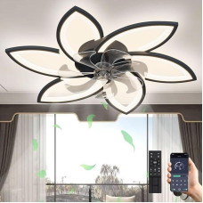 LED lubų ventiliatorius su apšvietimu, 66 W reguliuojamo ryškumo (3000-6000 K) lubų šviestuvas su ventiliatoriumi, tylus dvipusis lubų ventiliatorius su šviestuvu svetainei, miegamajam, valgomajam, juodas, 6 galvutės, 78 x 15 cm