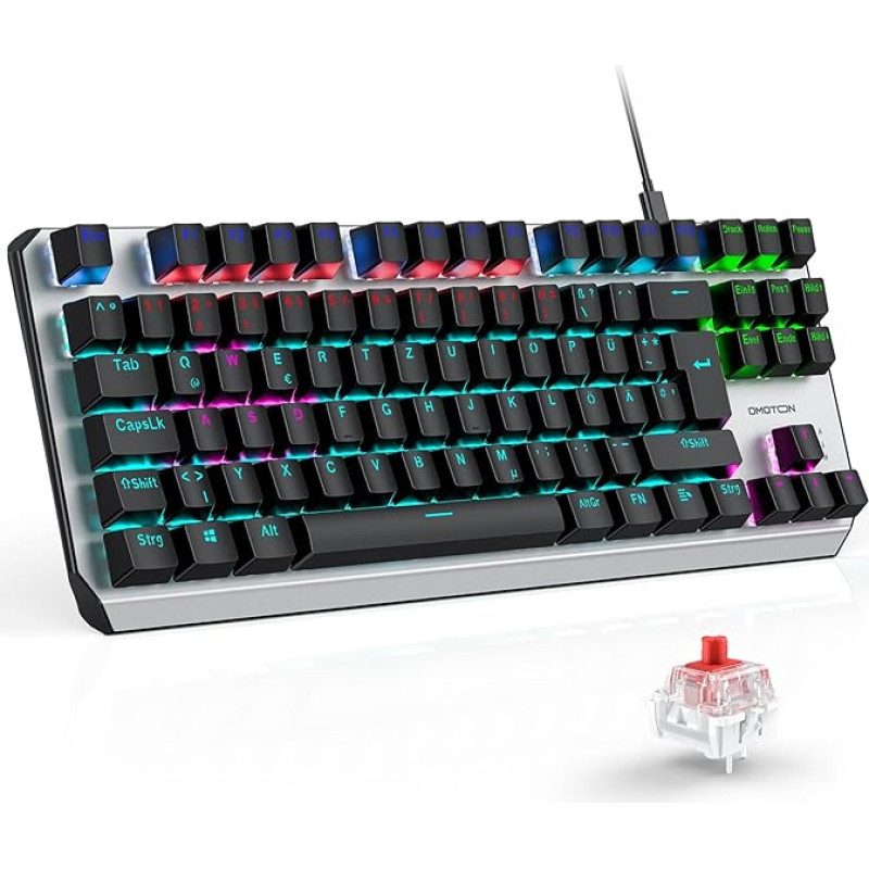 OMOTON mechaninė žaidimų klaviatūra su raudonais jungikliais (linijiniais), 80% TKL, QWERTZ klaviatūra, greita reakcija, apsaugota nuo dvasių, 20 LED apšvietimas, klaviatūra asmeniniam kompiuteriui / Windows / PS4, ISO-DE