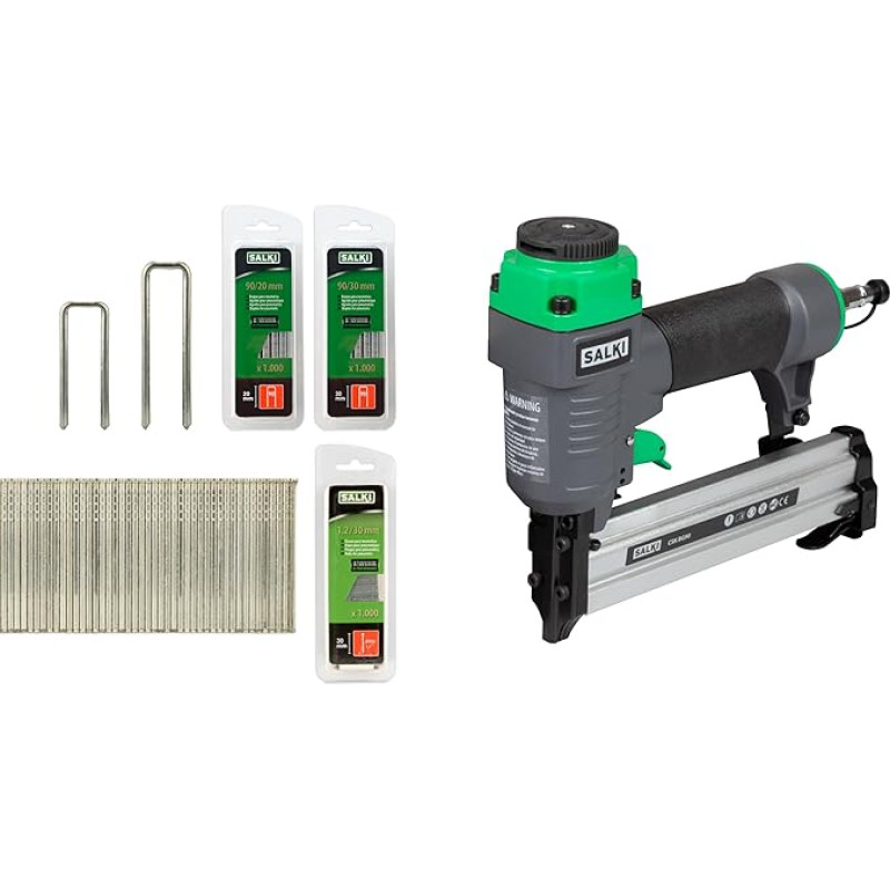 SALKI CSK BG90 vinių ir sąvaržėlių rinkinys + sąvaržėlės 90-30 mm + Brad AX 30 mm ir sąvaržėlės 90-20 mm | Suspausto oro pistoletas ir pneumatinis sąvaržėlių rinkinys | Puikiai tinka medžio apdirbimui, staliaus darbams ir