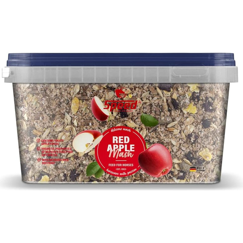 Speed Red Apple Mash, 2,5 kg, įvairus žirgų ėdalas, pagamintas iš geriausių grūdų, su gardžiais obuolių gabalėliais ir gyvybiškai svarbių medžiagų turinčiais burokėliais, ypač gerai virškinamas, pagamintas Vokietijoje