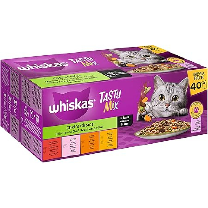 Whiskas 1+ Katzenfutter Tasty Mix Chef´s Choice in Sauce, 40x85g (1 pakuotė) - Hochwertiges Nassfutter für ausgewachsene Katzen in 40 Portionsbeuteln
