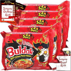 Asiafoodland Samyang Buldak Ramen rinkinys, 2 x aštrūs, dvigubai aštresni ugniniai vištienos makaronai iš Pietų Korėjos, su iššūkio ir recepto kortele, 5 vnt. (5 x 140 g)