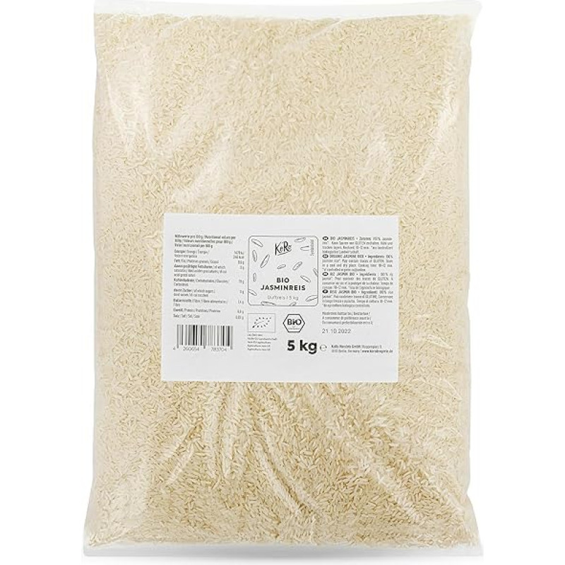 KoRo - Ekologiški jazminų ryžiai - 5 kg - originalūs iš Tailando - sotūs garnyrai kariui ir daržovių keptuvėms - gėlėmis kvepiantys ryžiai