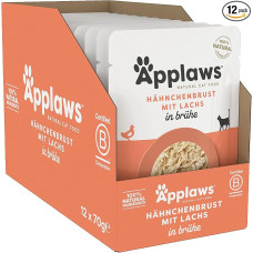 Applaws 100% natūralus drėgnas maistas katėms, vištienos krūtinėlė su lašiša sultinyje - 12 x 70 g maišelių pakuotė