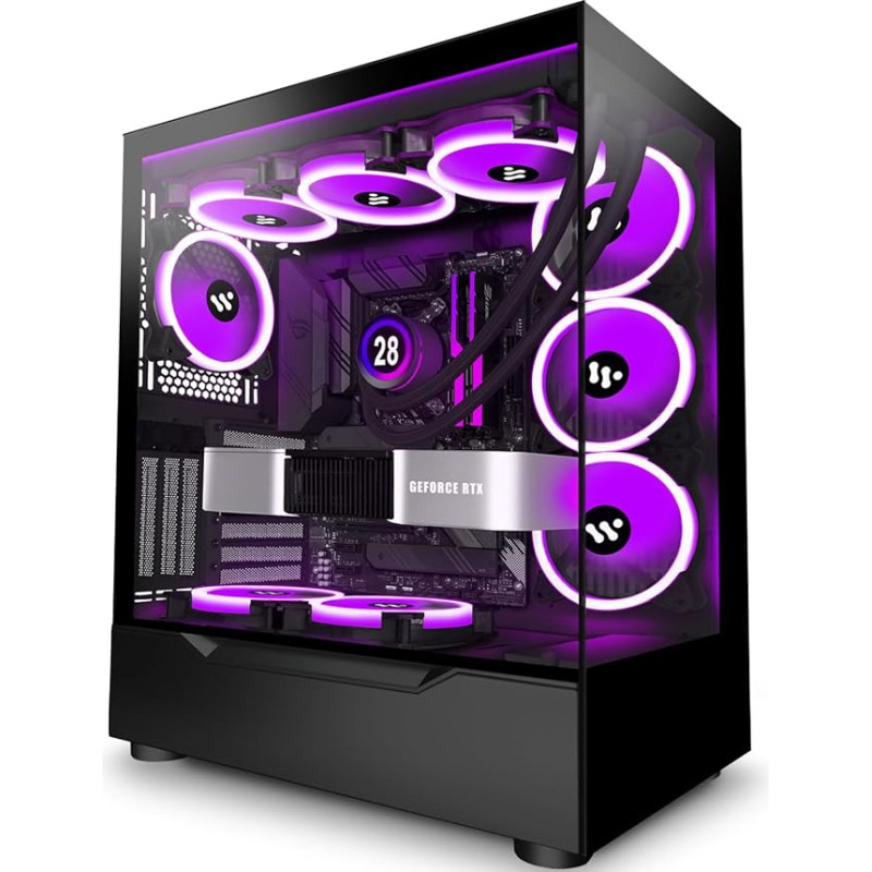 ANSAITE G900 kompiuterio korpusas, E-ATX 4 PWM ARGB ventiliatorių iš anksto įmontuotas vidutinio aukščio žaidimų kompiuterio korpusas, panoraminis grūdinto stiklo kompiuterio korpusas su USB 3.0, 360 mm radiatoriaus palaikymas, juodas
