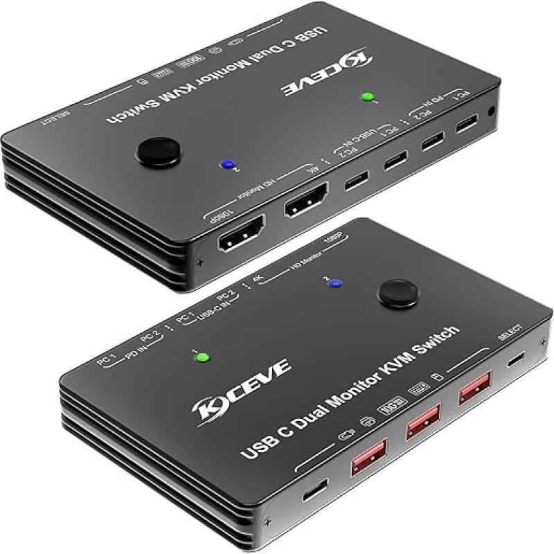 KVM jungiklis 2 monitoriams 2 kompiuteriams 2 PC USB C, dviejų monitorių USB C tipo KVM jungiklis palaiko 4K@60Hz, skirtas 2 kompiuteriams dalytis klaviatūra, pele ir monitoriumi