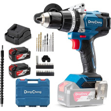 Dong Cheng Cordless Hammer Drill 18 V 120 Nm, Brushless Hammer Drill with 2 x 4.0 Ah Battery, 24 + 1 + 1 Torque Levels Hammer Drill (13 mm Chuck, 2 Gears, for Drilling, Screws, Hammer Drilling)