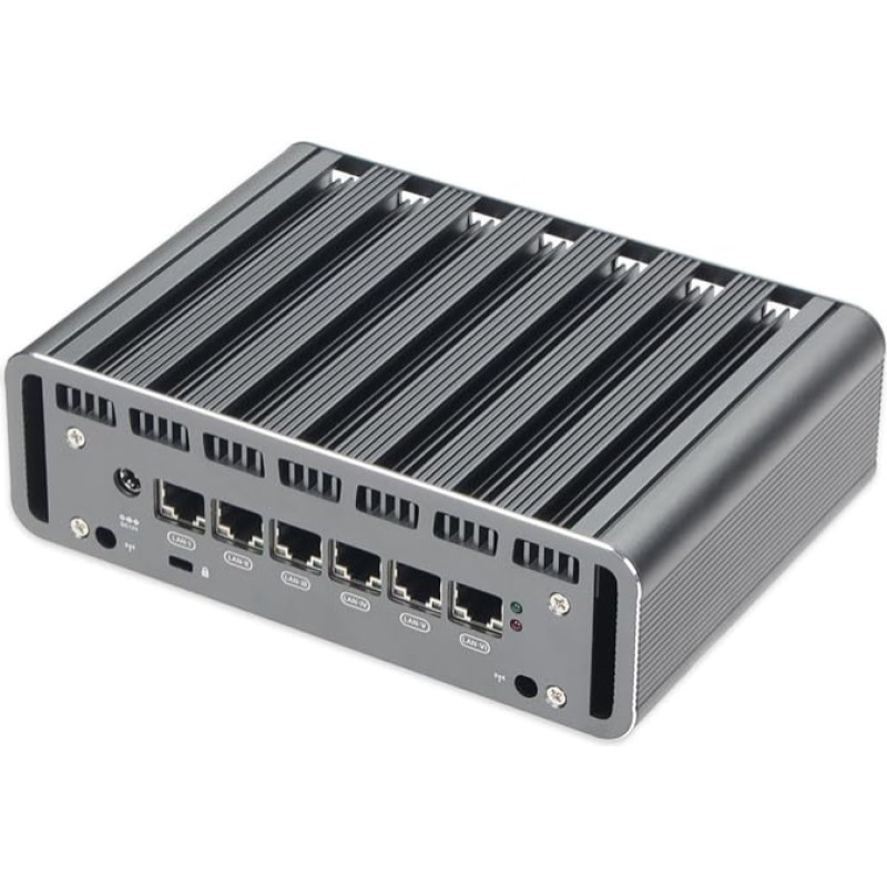 Sharevdi Firewall mini kompiuteris be ventiliatoriaus 12-asis CPU Intel N100 (iki 3,4 GHz), 6 x Intel 2,5 GbE i226 LAN prievadai, tinklo šliuzas, minkštasis maršrutizatorius, ugniasienės įrenginys AES NI/HD/Wi-Fi 8GB DDR5 128GB M.2 NVME SSD
