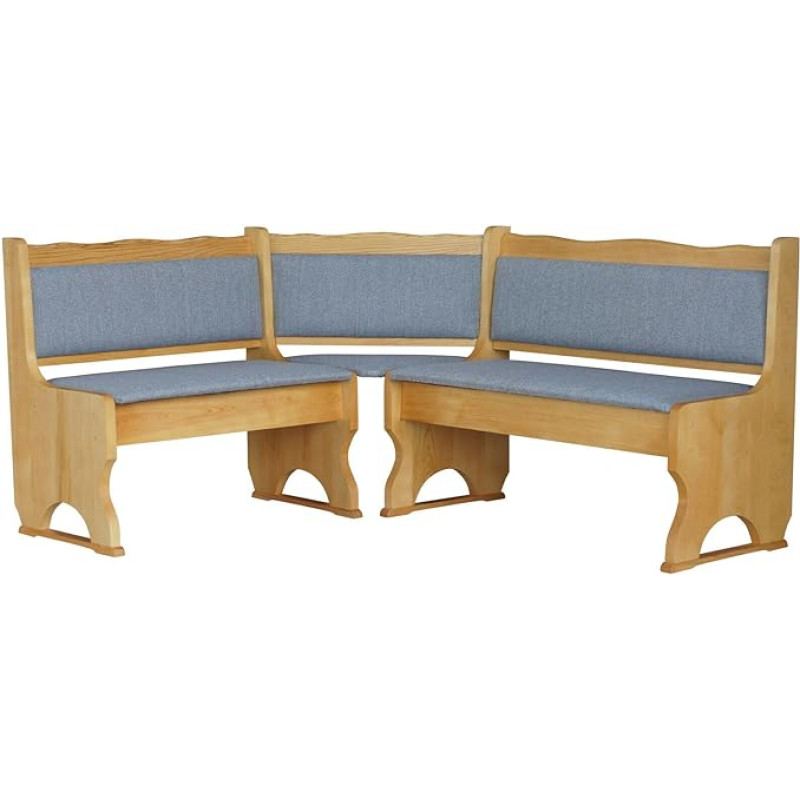 Kampinis suolas su apmušalais Pušies mediena Alksnio spalva su paminkštinimu Pilka medžio masyvas Šviesiai pilka (120 x 140)