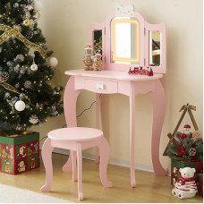 LALAHO Vaikų tualetinis staliukas su taburete LED šviesos tualetinis staliukas Vaikų tualetinis staliukas mergaitėms Tualetinis staliukas su stalčiumi (rožinis)