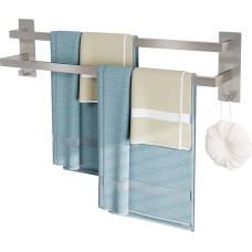 Giookuj SUS304 Dvigubas rankšluosčių laikiklis be gręžimo 60 cm su kabliuku Šlifuotas nerūdijančio plieno rankšluosčių laikiklis Patvarus ir stabilus sieninis rankšluosčių laikiklis miegamajam, vonios kambariui, virtuvei Sidabrinis