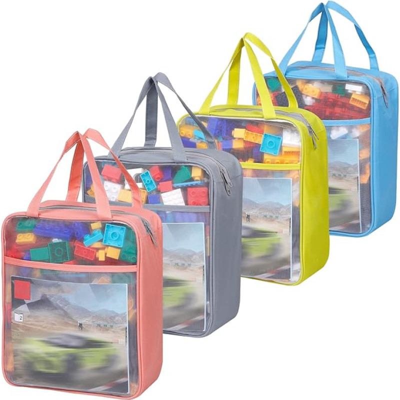 4 spalvų tinklelio užtrauktuko kišenės, nailono dėlionės blokų rinkiniai, žaislų laikymas ir organizavimas, kvėpuojančios, skaidrios užtrauktuko kišenės su rankena