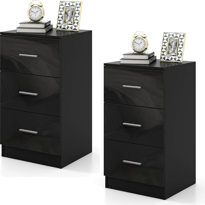 COSTWAY 2 naktinių staliukų su 3 stalčiais rinkinys, blizgios naktinės spintelės prie lovos 