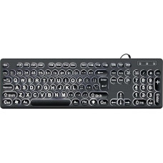 Klaviatūra su dideliu šriftu ir foniniu apšvietimu, apšviesta klaviatūra vyresnio amžiaus žmonėms arba silpnaregiams, USB laidinė apšviesta klaviatūra, padidinto dydžio klaviatūra