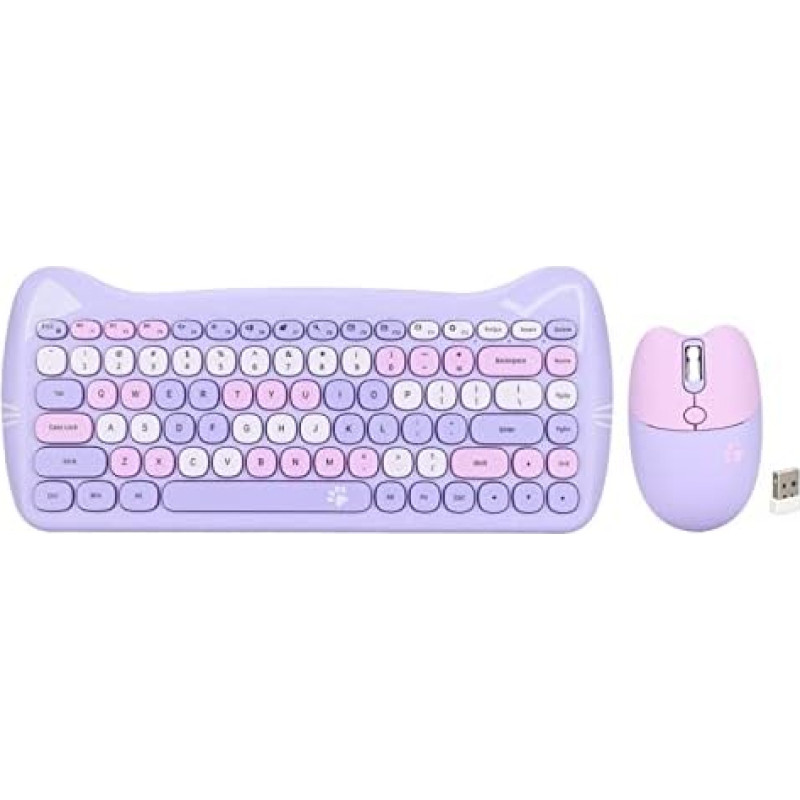 Dpofirs Wireless Keyboard Mouse Combination, 2.4G USB, Ergonomic Cat Shape, Mixed Colour, Cute Keyboard and Mouse Full Size for Computer, Desktop, PC, Laptop (Purple Melange)