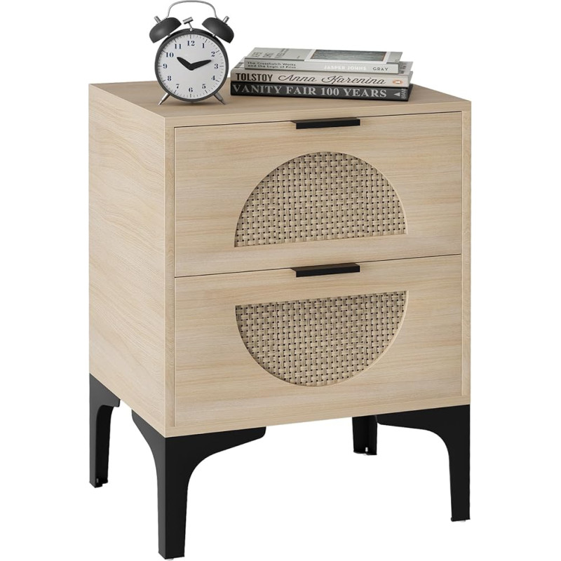 Huhote Naktinis staliukas, Boho medinis naktinis staliukas, staliukas su rotango dekoruotais stalčiais, modernus naktinis staliukas, miegamojo staliukas su laikymo vieta, greitai ir lengvai surenkamas (medžio spalva)