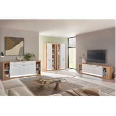 Lomadox Wohnzimmer-Set mit Sideboard & Vitrinenschränken in Eiche mit weiß, inkl. LED Beleuchtung, modern, Wohnzimmermöbel 4-teilig