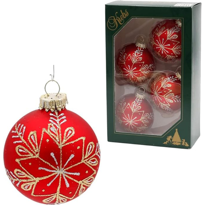 Dekohelden24 CBK400002A Christmas Tree Decorations - Set of 4 Christmas Tree Baubles in Matte Red, Hand Decorated with Glitter - Gold and Silver Decoration, Gold Crowns, Size Diameter Approx. 10 cm