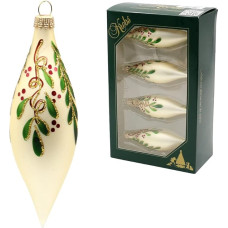 Lauschaer Christmas Tree Decorations Set of 4 Narrow Teardrop in Satin Cream Hand Decorated with Ilex Decoration and Stripes with Gold Crowns, Size Diameter x Height Approx. 3 x 10 cm