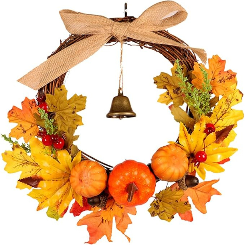 VOSAREA Autumn Wreath with Pumpkin Maple Leaf Christmas Wreath Autumn Door Wreath Wall Wreath Artificial Wreath for Thanksgiving Christmas Decoration