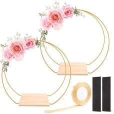 Wobekuy Pack of 2 Metal Floral Hoop Centrepiece for Table Gold Metal Rings with Wooden Stand, Wreath Metal Ring for DIY Wedding Table Decoration