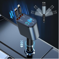 Retractable Car Charger 100 W, 4 in 1 Cigarette Lighter USB Car Charger with iPhone & Type C Cable, Cigarette Lighter Plug Adapter Retractable Car Charger Compatible with iPhone Samsung Xiaomi