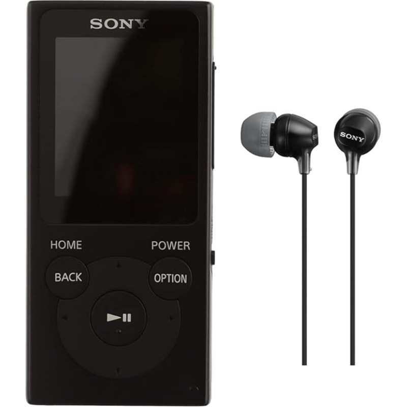 Sony NW-E394 Walkman, 8GB (Storage of Photos, FM Radio Function), Black & MDR-EX15LPB Closed In-Ear Headphones, Black