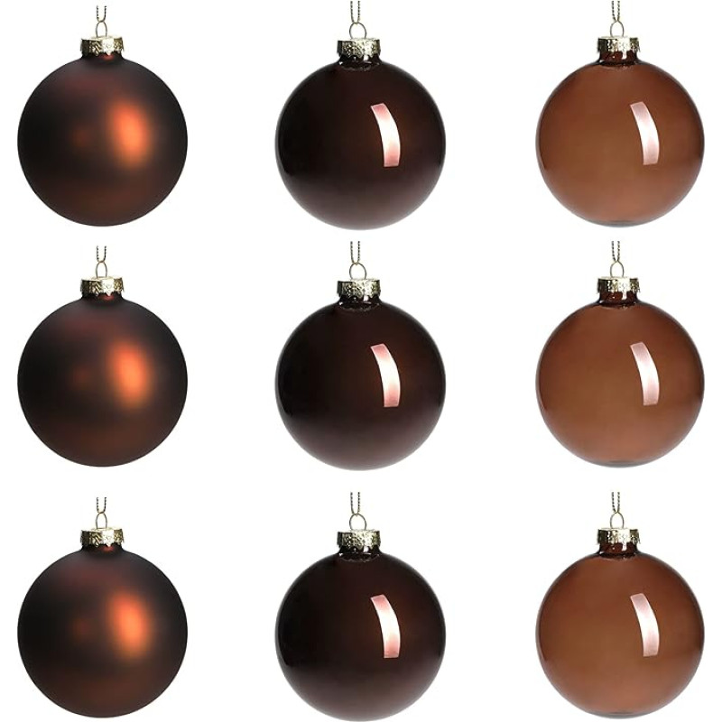 DN DECONATION Brown Glass Christmas Bauble Ornaments, 8 cm Hanging Christmas Baubles for Christmas Tree Decorations, Pack of 9 Decor for Holiday, Halloween, Wedding Party Gift