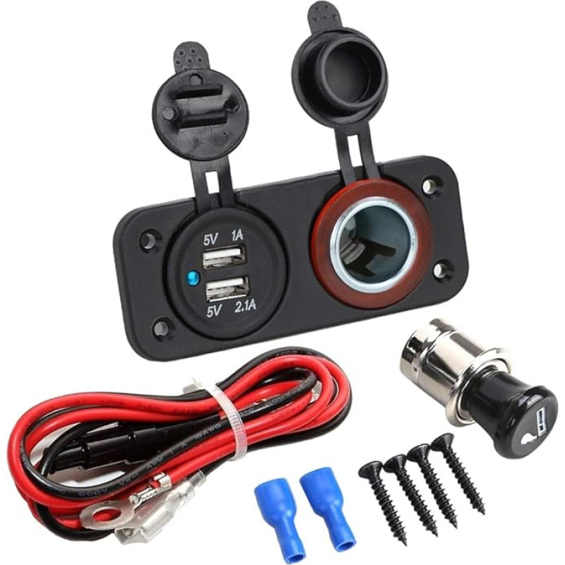 MMOBIEL Universal wasserdicht Steckdose 12V-24V Ausgabe 5V 2.1A + Zigarettenanzünder Anschlüsse und 2 USB Port mit LED Indikator für Boot Motorrad Rasenmäher Tracktor RV ATV Auto inkl Anschluss Set