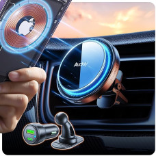 Auckly 15 W Magsafe Car Holder with Charging Function, 60 W PD QC3.0 Car Charger, Qi Wireless Car Charger, Magnetic Mobile Phone Holder for iPhone 12/13/14/15/16 Pro Max Mini Plus & S23 S22 etc