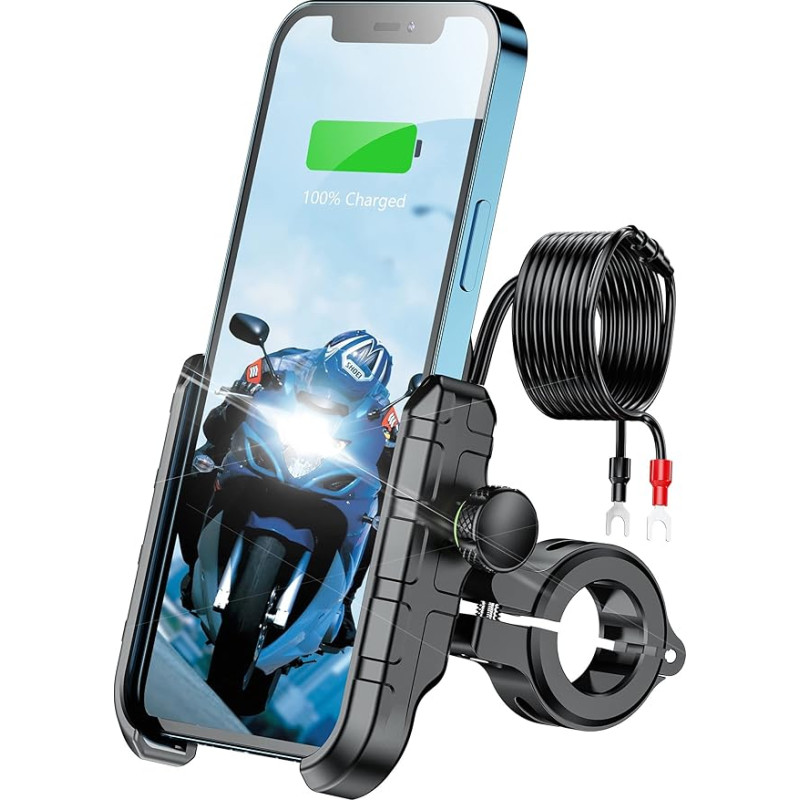 KEWIG Motorcycle Mobile Phone Mount Charger USB QC 3.0 36W Fast Charging Port, Non-Slip Aluminum Alloy IP66 Handlebar or Mirror Bar, Adjustable Fit 4-7 Inch