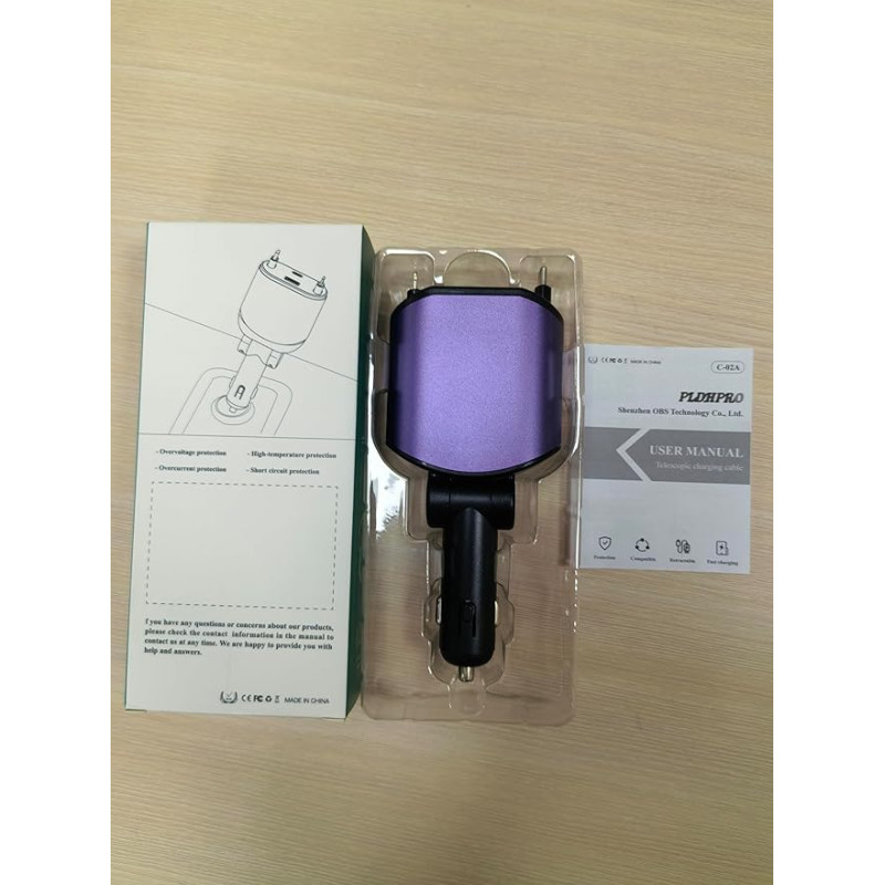 PLDHPRO 4 in 1 Retractable Car Charger, Purple 80W Retractable Mobile Phone Charger for Car with 0.8m Retractable USB-C and iOS Cable, Compatible with iPhone 15/14/13/12, Samsung, Pixel, iPad