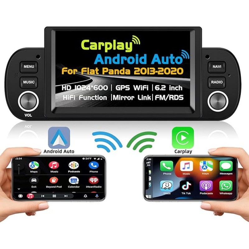 Podofo Car Radio for Fiat Panda 2013-2020 with Wireless CarPlay Android Car, 6.2 Inch Screen Android 13 Car Radio with GPS Navi, HiFi, WiFi, RDS/FM Radio SWC + AHD Rear View Camera & Mic