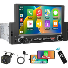 Podofo 1 DIN Car Radio with Wired Apple Carplay/Android Car, 6.2 Screen Touch Display Screen with Bluetooth Stereo Navi/FM/USB/SWC/EQ/HiFi/Mirror Link + External Microphone + Reversing Camera