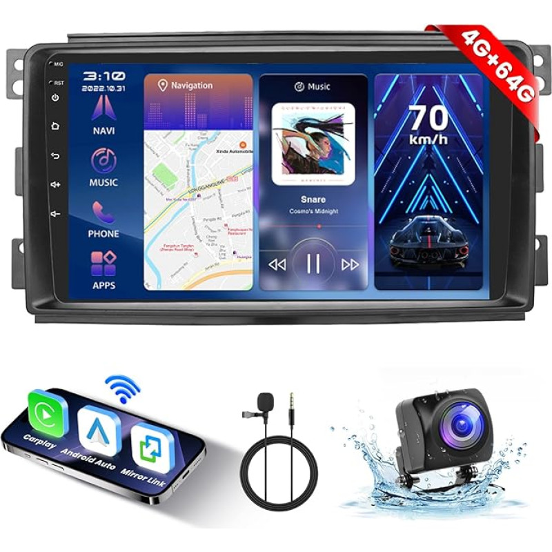 Hodozzy Carplay Car Radio for Mercedes-Benz Smart Fortwo W451 2005-2010 Android Car Radio with Sat Nav, 9 Inch Touchscreen with Android Car/WiFi/GPS/RDS/FM/Bluetooth/USB/DSP