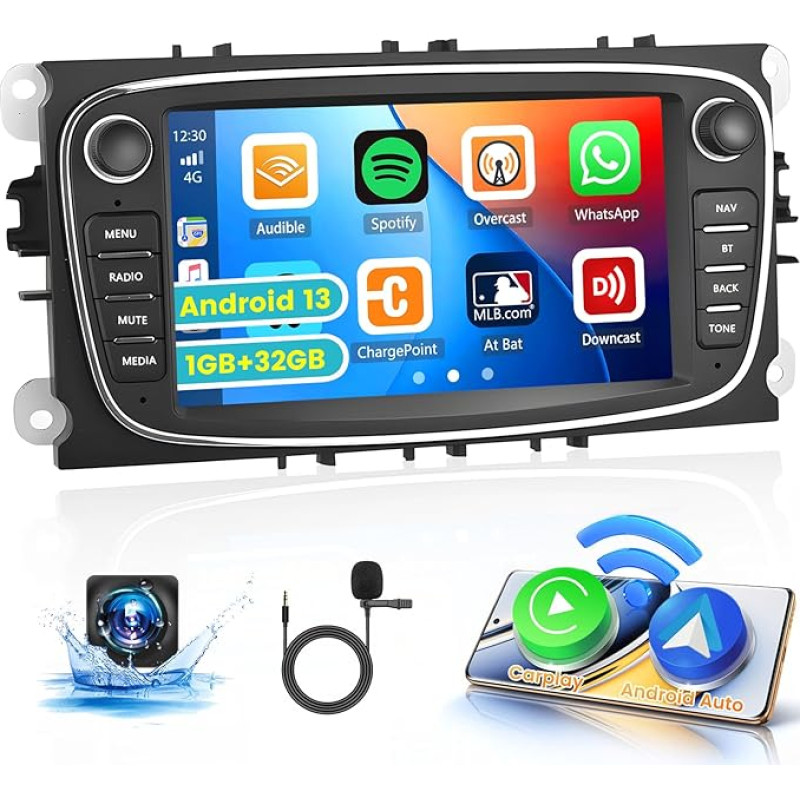 Android 13 Car Radio with Wireless Carplay Android Car for Ford Focus Kuga Galaxy C-MAX S-MAX Mondeo MK4 7 Inch Car Radio with Screen Navigation Bluetooth WiFi FM RDS (Black)