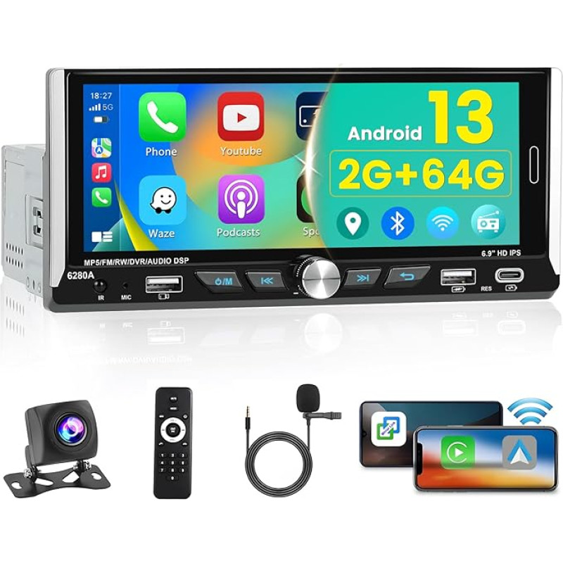 Hikity 2+64GB Android 13 Car Radio 1Din with Navi/Wireless Carplay/Android Car, 6.86 Inch Touchscreen DIN 1 Radio with GPS WiFi Volume Knob DSP Bluetooth 2USB Type-C FM RDS SWC Reversing Camera