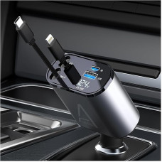 Ultra Fast Car Charger, 120W Turbo Charger, 4 Ports for Fast Charging with 80cm Retractable Cables, Compatible with iPhone, Xiaomi, Samsung, Google, Huawei and Tablet.