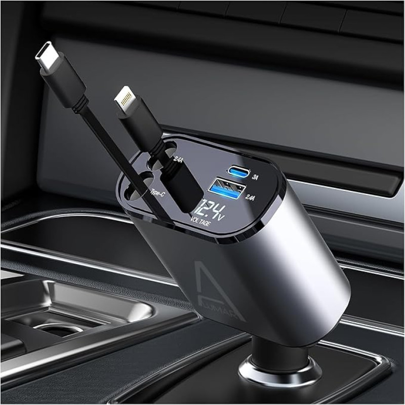 Ultra Fast Car Charger, 120W Turbo Charger, 4 Ports for Fast Charging with 80cm Retractable Cables, Compatible with iPhone, Xiaomi, Samsung, Google, Huawei and Tablet.