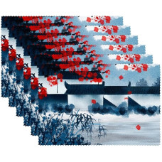 Medžiaginės lėkštės, plaunamos lėkštės valgomojo stalui, 6 vnt., žiemos mielos retro kinų stiliaus kraštovaizdis