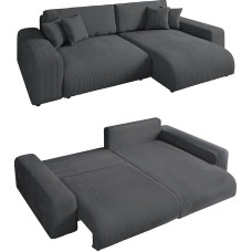 Moderni kampinė velvetinė 255 x 165 cm dydžio sofa su miego funkcija ir lovos dėže, bangos formos pakaba, L formos sofa gali būti montuojama kairėje arba dešinėje, gulimas plotas 148 x 196 cm, pilkos spalvos virvės užvalkalas / 21006