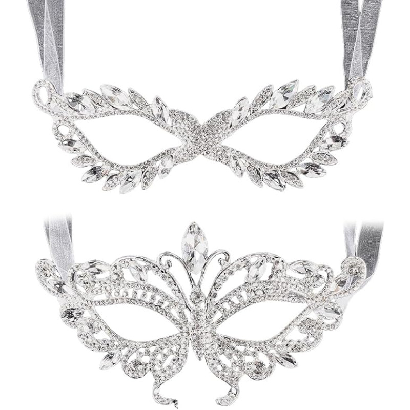 arricraft 2 Stück Strass Maskenballmasken 2 Stile Maskerade Maske Strass Phantasie Kristall Maske Für Frauen Kostüm Party Halloween